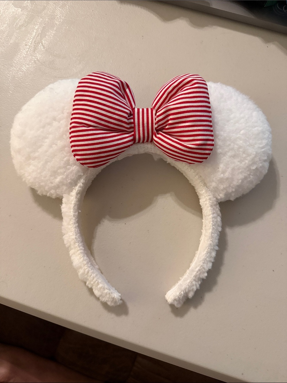 Soarin Over Main Street White Fuzzy Minnie Ear Headband with Red Striped Bow